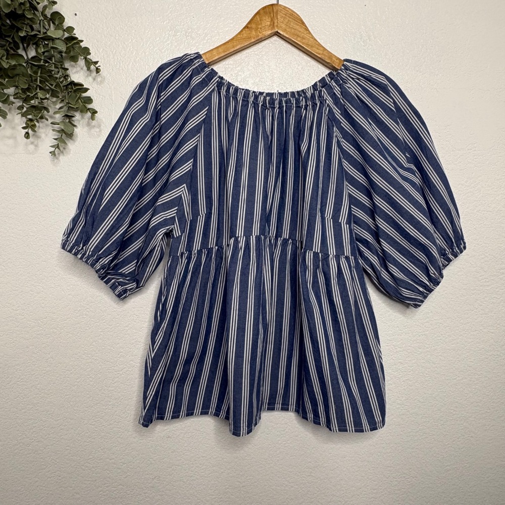 Old Navy Blue Striped Peasant Puff-Sleeve Blouse - Picture 2 of 7